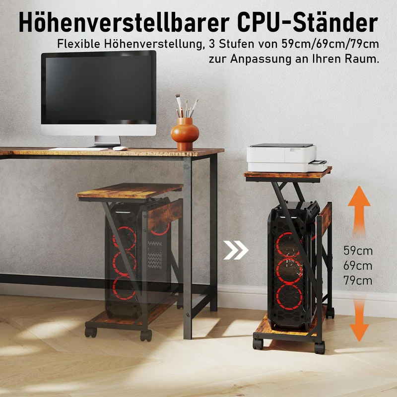 Computer Tower Ständer, Höhenverstellbarer CPU Stand, CPU Halter PC Regal mit Rollen, Druckerständer unter Schreibtisch, 2 Schicht Computer Ständer Drucker Cart