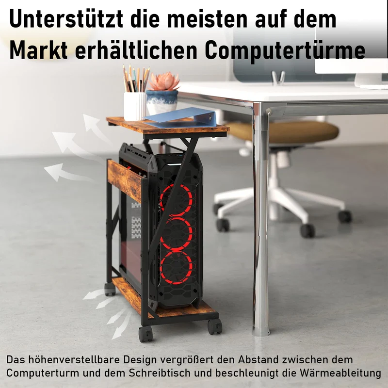 Computer Tower Ständer, Höhenverstellbarer CPU Stand, CPU Halter PC Regal mit Rollen, Druckerständer unter Schreibtisch, 2 Schicht Computer Ständer Drucker Cart