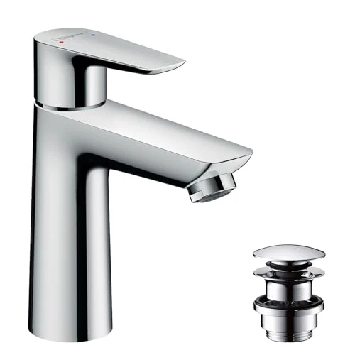 hansgrohe Talis E - Waschtischarmatur mit Push-Open Ablauf, Wasserhahn Bad mit Auslauf Höhe 110 mm, Mischbatterie Waschbecken wassersparend (EcoSmart), Chrom