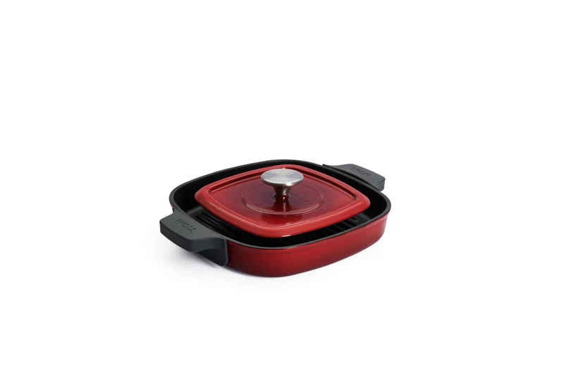 WOLL 'Iron Steakpfanne mit Rillen und Steakpresse in Chili Red 24x24 cm, 4,5cm'