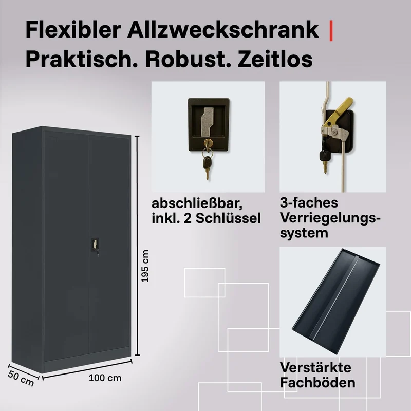 2-Pack LagerZwei Mehrzweckschrank 195x100x50cm I Metallschrank, 4 Fachböden I Großer Aktenschrank, abschließbar I Robuster Allzweckschrank als Werkstattschrank & Büroschrank I Stahlschrank anthrazit