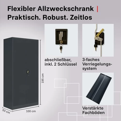 2-Pack LagerZwei Mehrzweckschrank 195x100x50cm I Metallschrank, 4 Fachböden I Großer Aktenschrank, abschließbar I Robuster Allzweckschrank als Werkstattschrank & Büroschrank I Stahlschrank anthrazit