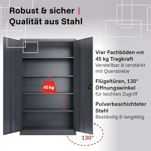 2-Pack LagerZwei Mehrzweckschrank 195x100x50cm I Metallschrank, 4 Fachböden I Großer Aktenschrank, abschließbar I Robuster Allzweckschrank als Werkstattschrank & Büroschrank I Stahlschrank anthrazit