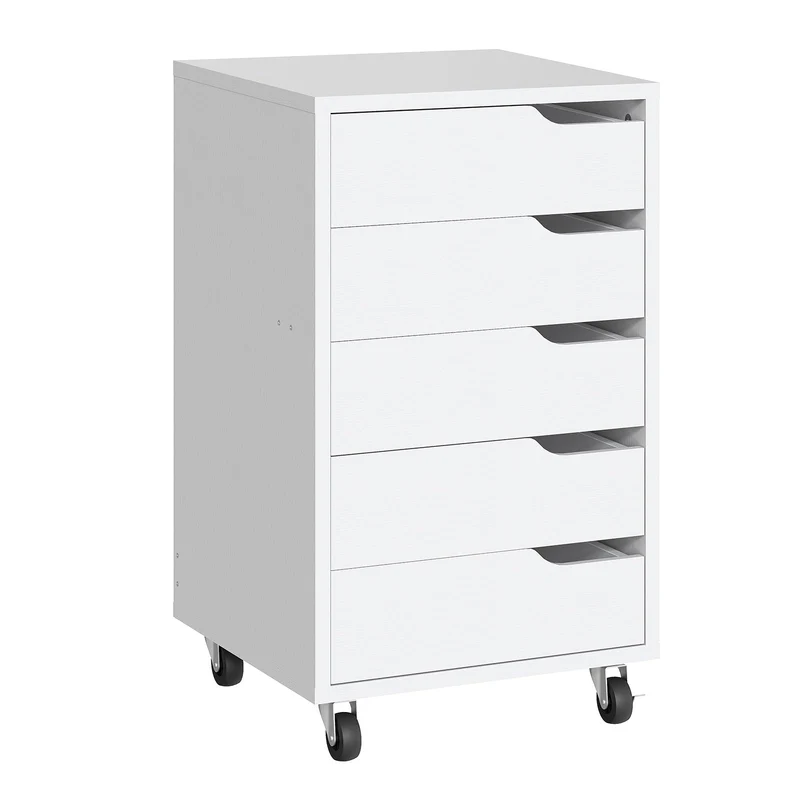 HOOBRO Rollcontainer mit 5 Schubladen, mobiler Aktenschrank mit 4 Lenkrollen, Schubladenschrank, Büroschrank, Bürocontainer, Schreibtisch Unterschrank für Arbeitszimmer und Wohnzimmer, Weiß EWT15WJ01