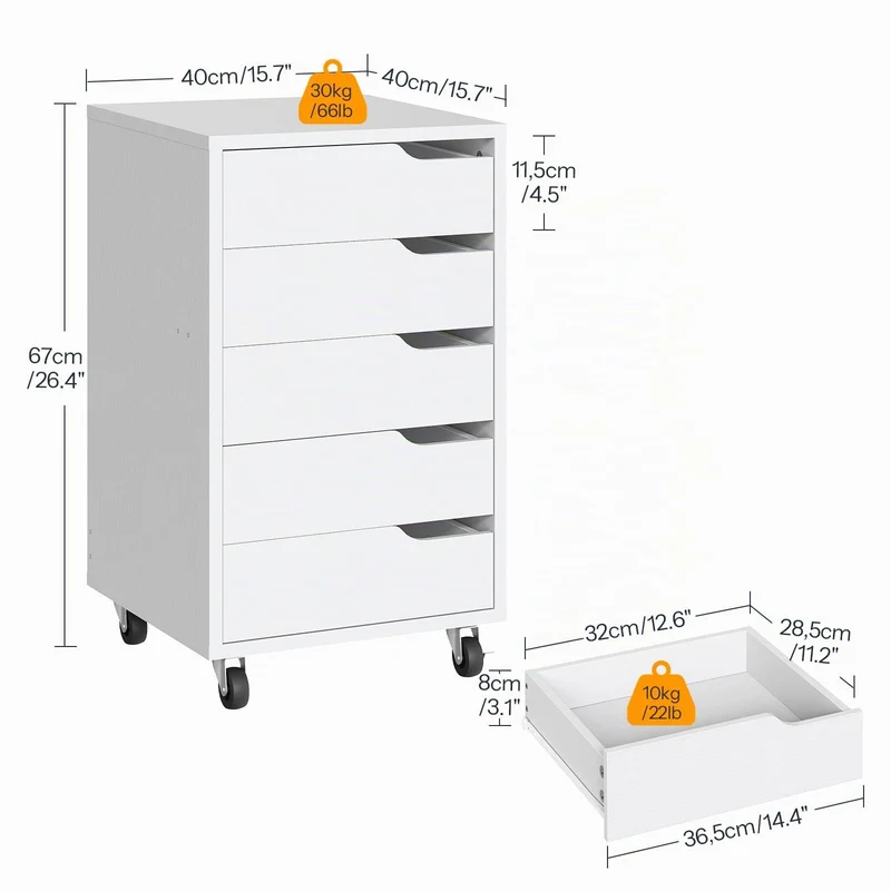 HOOBRO Rollcontainer mit 5 Schubladen, mobiler Aktenschrank mit 4 Lenkrollen, Schubladenschrank, Büroschrank, Bürocontainer, Schreibtisch Unterschrank für Arbeitszimmer und Wohnzimmer, Weiß EWT15WJ01