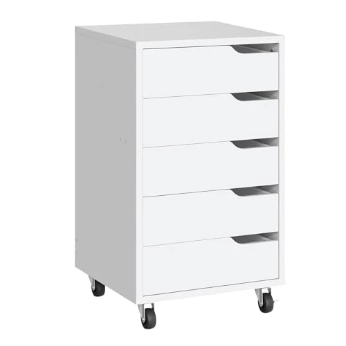 HOOBRO Rollcontainer mit 5 Schubladen, mobiler Aktenschrank mit 4 Lenkrollen, Schubladenschrank, Büroschrank, Bürocontainer, Schreibtisch Unterschrank für Arbeitszimmer und Wohnzimmer, Weiß EWT15WJ01