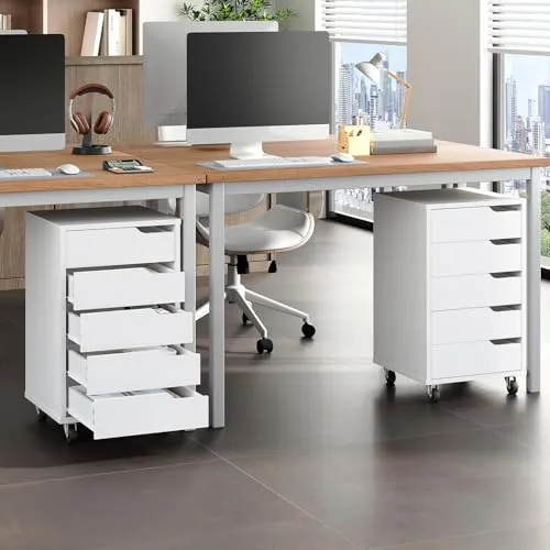 HOOBRO Rollcontainer mit 5 Schubladen, mobiler Aktenschrank mit 4 Lenkrollen, Schubladenschrank, Büroschrank, Bürocontainer, Schreibtisch Unterschrank für Arbeitszimmer und Wohnzimmer, Weiß EWT15WJ01