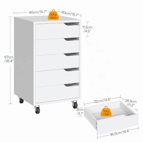 HOOBRO Rollcontainer mit 5 Schubladen, mobiler Aktenschrank mit 4 Lenkrollen, Schubladenschrank, Büroschrank, Bürocontainer, Schreibtisch Unterschrank für Arbeitszimmer und Wohnzimmer, Weiß EWT15WJ01