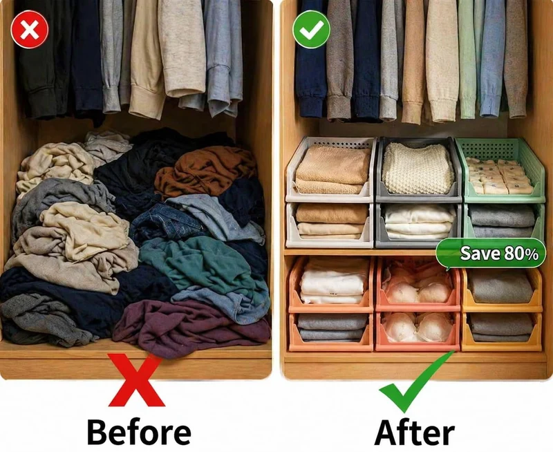 RMAN 4 Stück Kleiderschrank Organizer Schubladenbox Stapelbare Schrank Organizer Kleiderschrank Regal Aufbewahrungsbox Plastik Lagerkisten Trennwand Schublade für Kleidung, Küchen, Schlafzimmer