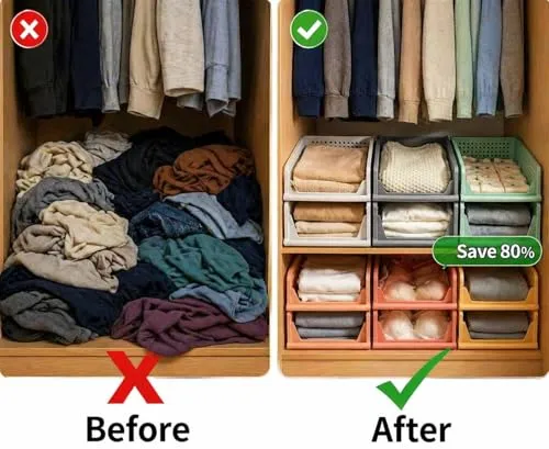 RMAN 4 Stück Kleiderschrank Organizer Schubladenbox Stapelbare Schrank Organizer Kleiderschrank Regal Aufbewahrungsbox Plastik Lagerkisten Trennwand Schublade für Kleidung, Küchen, Schlafzimmer