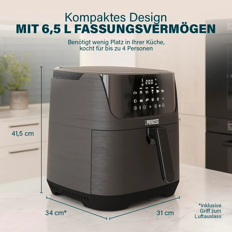 Princess Digitale Heißluftfritteuse 6,5 L mit Trennwand, 12 Programme, Touchscreen, Bis zu 60% Energieersparnis, Fettarmes Frittieren ohne Öl, Für 1,5 kg Pommes, Schwarz, 182061
