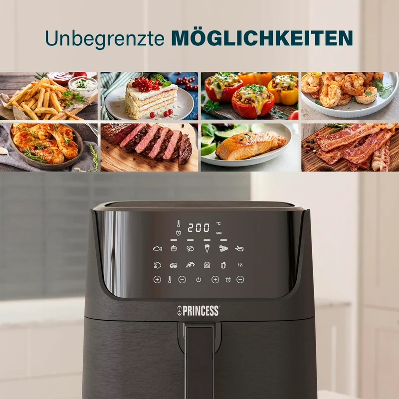 Princess Digitale Heißluftfritteuse 6,5 L mit Trennwand, 12 Programme, Touchscreen, Bis zu 60% Energieersparnis, Fettarmes Frittieren ohne Öl, Für 1,5 kg Pommes, Schwarz, 182061