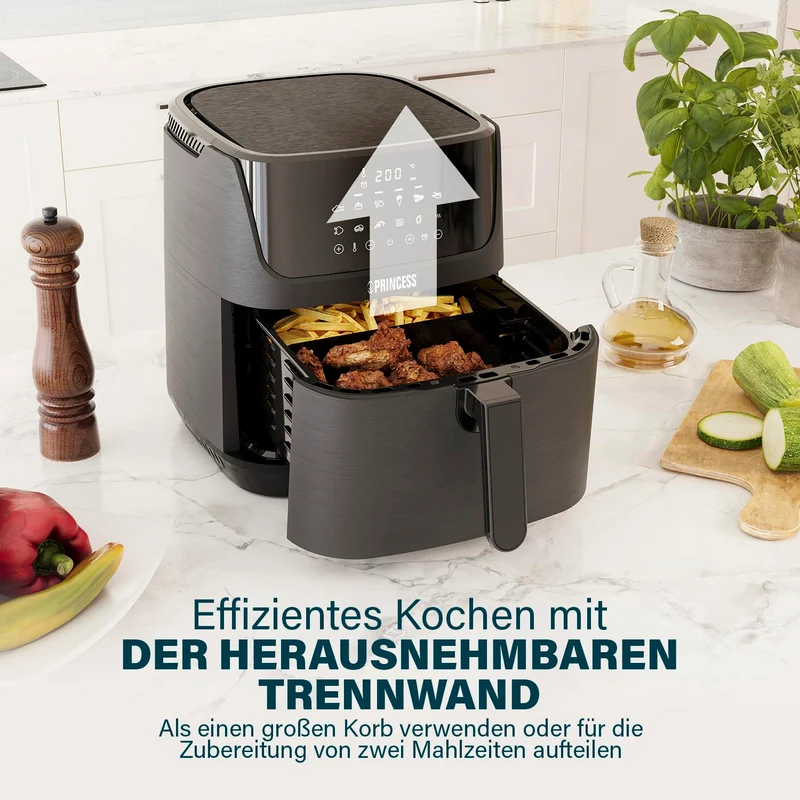 Princess Digitale Heißluftfritteuse 6,5 L mit Trennwand, 12 Programme, Touchscreen, Bis zu 60% Energieersparnis, Fettarmes Frittieren ohne Öl, Für 1,5 kg Pommes, Schwarz, 182061