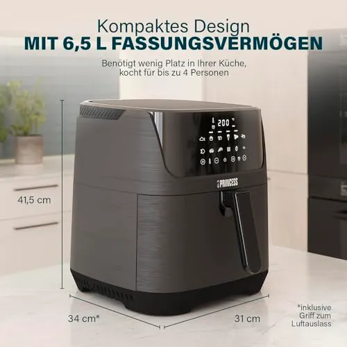 Princess Digitale Heißluftfritteuse 6,5 L mit Trennwand, 12 Programme, Touchscreen, Bis zu 60% Energieersparnis, Fettarmes Frittieren ohne Öl, Für 1,5 kg Pommes, Schwarz, 182061