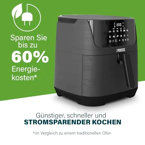 Princess Digitale Heißluftfritteuse 6,5 L mit Trennwand, 12 Programme, Touchscreen, Bis zu 60% Energieersparnis, Fettarmes Frittieren ohne Öl, Für 1,5 kg Pommes, Schwarz, 182061
