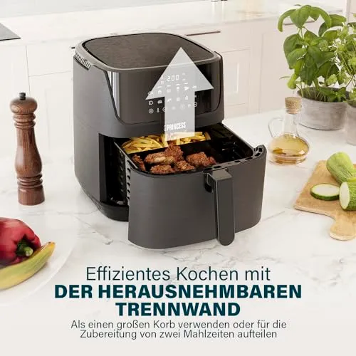 Princess Digitale Heißluftfritteuse 6,5 L mit Trennwand, 12 Programme, Touchscreen, Bis zu 60% Energieersparnis, Fettarmes Frittieren ohne Öl, Für 1,5 kg Pommes, Schwarz, 182061