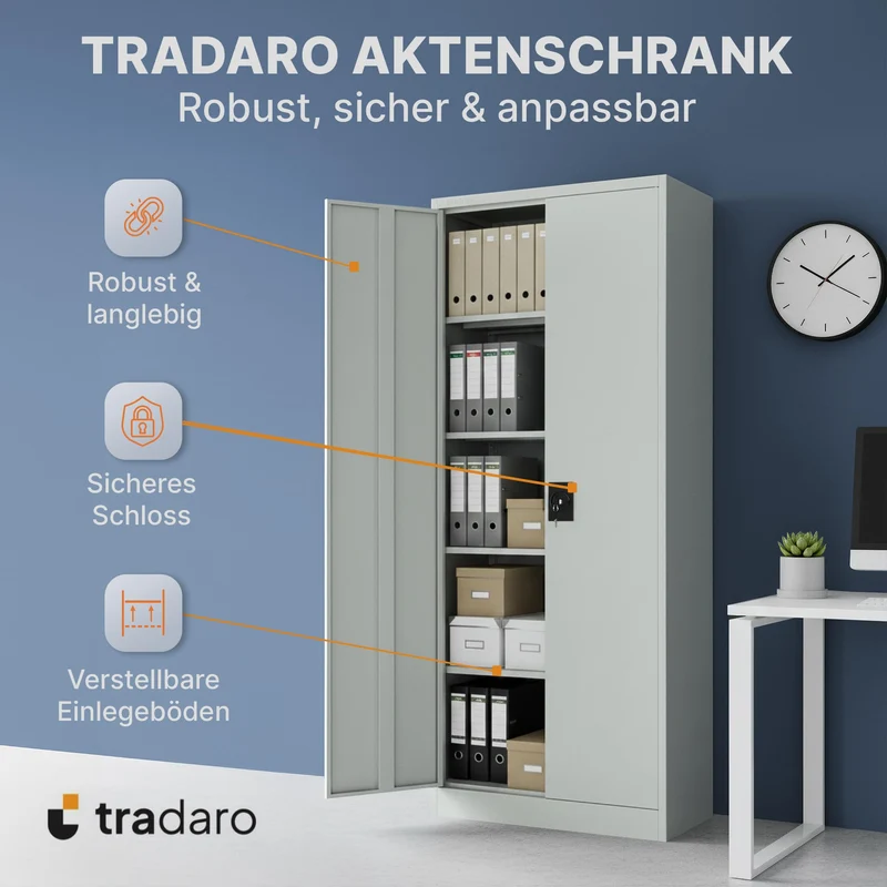 Aktenschrank – Abschließbarer Stahl-Aktenschrank – Büroschrank, Allzweckschrank mit höhenverstellbaren Böden – Robuster Metallschrank, Aufbewahrungsschrank für Büro, Werkstatt, Lager (Grau)