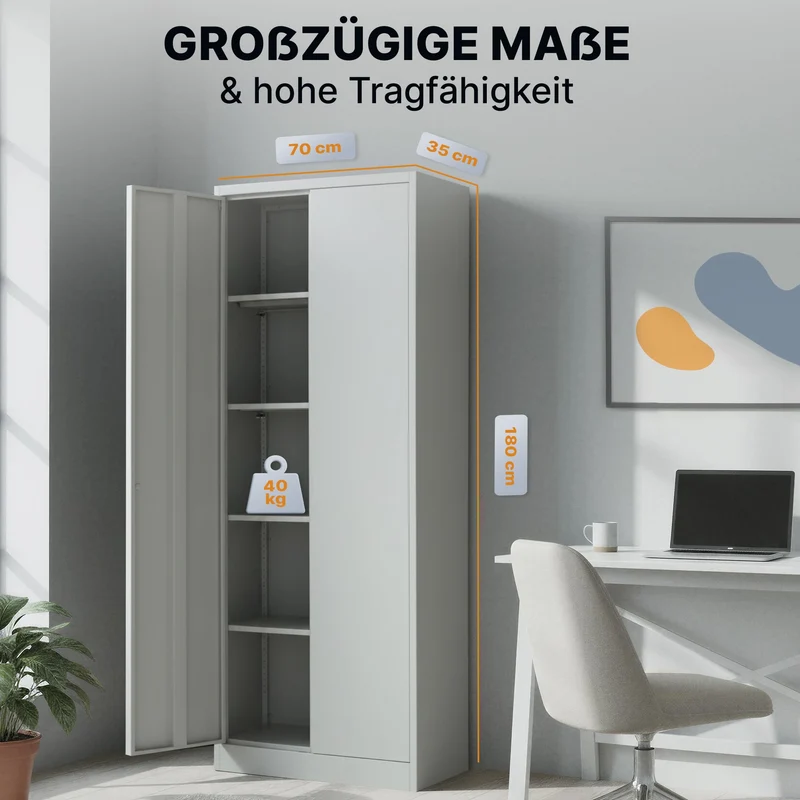 Aktenschrank – Abschließbarer Stahl-Aktenschrank – Büroschrank, Allzweckschrank mit höhenverstellbaren Böden – Robuster Metallschrank, Aufbewahrungsschrank für Büro, Werkstatt, Lager (Grau)