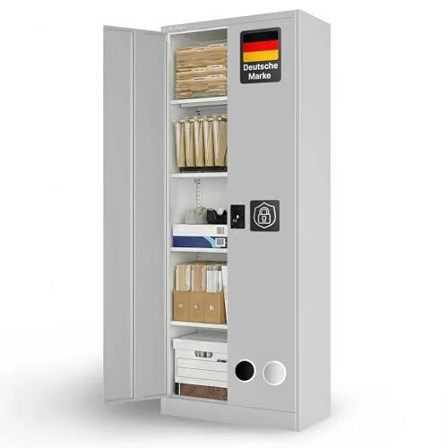 Aktenschrank – Abschließbarer Stahl-Aktenschrank – Büroschrank, Allzweckschrank mit höhenverstellbaren Böden – Robuster Metallschrank, Aufbewahrungsschrank für Büro, Werkstatt, Lager (Grau)