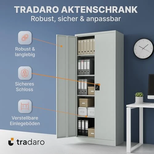 Aktenschrank – Abschließbarer Stahl-Aktenschrank – Büroschrank, Allzweckschrank mit höhenverstellbaren Böden – Robuster Metallschrank, Aufbewahrungsschrank für Büro, Werkstatt, Lager (Grau)