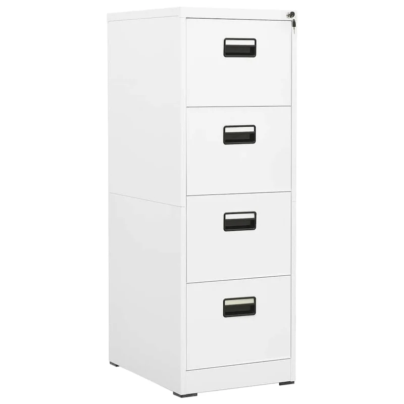 Aktenschrank Weiß aus Stahl 46x62x133 cm mit 4 Schubladen abschließbar für Büro, Homeoffice und Verwaltung, kompatibel mit A4 Legal Ordnern, langlebig und leicht zu reinigen