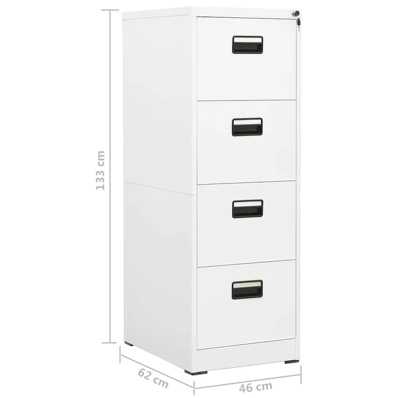 Aktenschrank Weiß aus Stahl 46x62x133 cm mit 4 Schubladen abschließbar für Büro, Homeoffice und Verwaltung, kompatibel mit A4 Legal Ordnern, langlebig und leicht zu reinigen