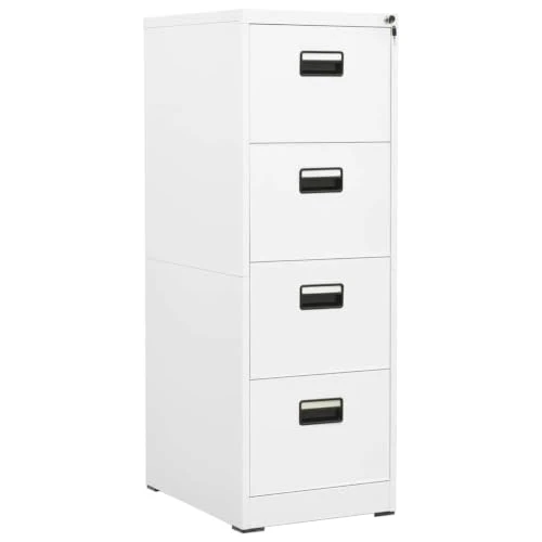 Aktenschrank Weiß aus Stahl 46x62x133 cm mit 4 Schubladen abschließbar für Büro, Homeoffice und Verwaltung, kompatibel mit A4 Legal Ordnern, langlebig und leicht zu reinigen