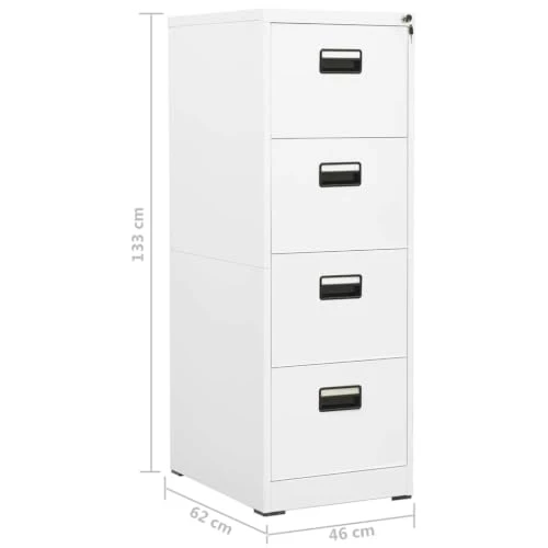Aktenschrank Weiß aus Stahl 46x62x133 cm mit 4 Schubladen abschließbar für Büro, Homeoffice und Verwaltung, kompatibel mit A4 Legal Ordnern, langlebig und leicht zu reinigen
