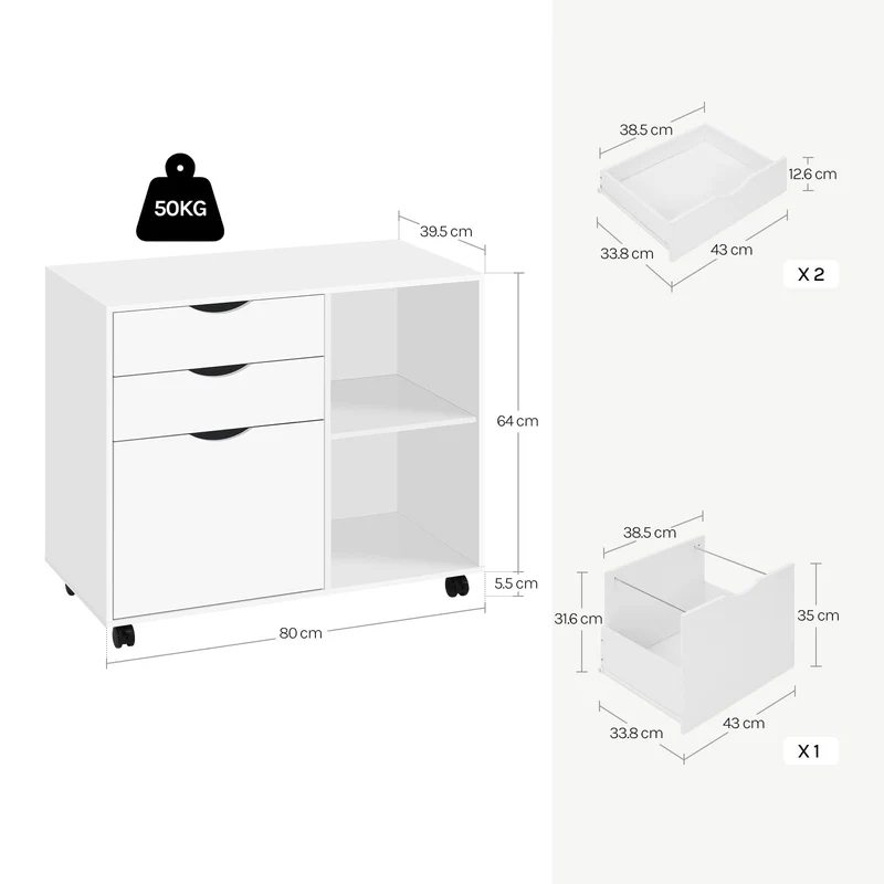 WOLTU Rollcontainer mit 3 Schubladen, mobiler Aktenschrank mit 5 Rollen