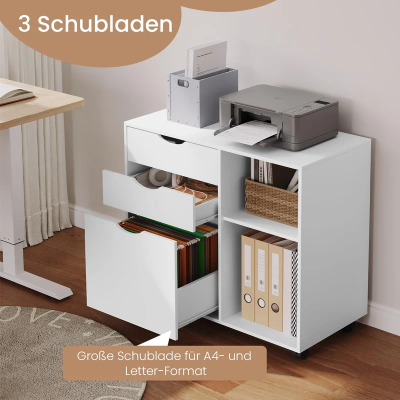 WOLTU Rollcontainer mit 3 Schubladen, mobiler Aktenschrank mit 5 Rollen