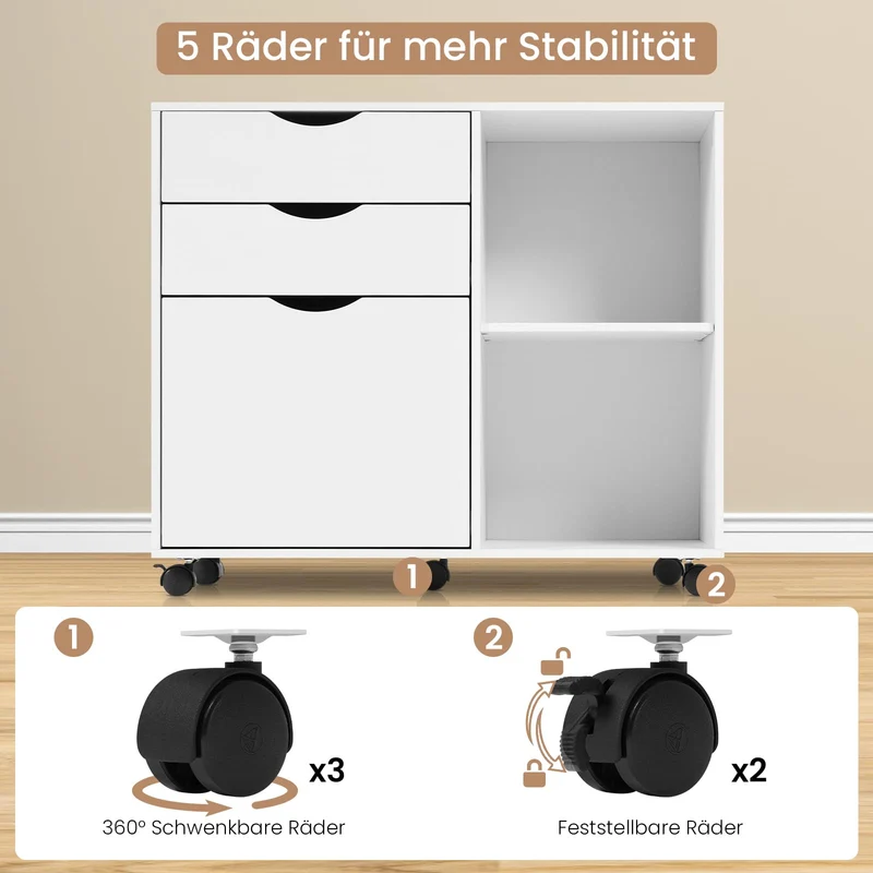 WOLTU Rollcontainer mit 3 Schubladen, mobiler Aktenschrank mit 5 Rollen