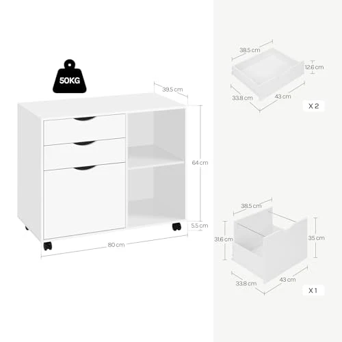 WOLTU Rollcontainer mit 3 Schubladen, mobiler Aktenschrank mit 5 Rollen