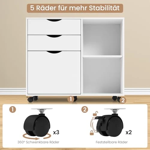 WOLTU Rollcontainer mit 3 Schubladen, mobiler Aktenschrank mit 5 Rollen