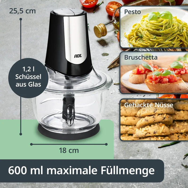 ADE Kraftvoller elektrischer Zerkleinerer | starker 500 W Motor | große 1,2 l Glasschüssel | 4 Edelstahlklingen | 2 Geschwindigkeiten | Zwiebeln, Gemüse, Fleisch | Zwiebelschneider