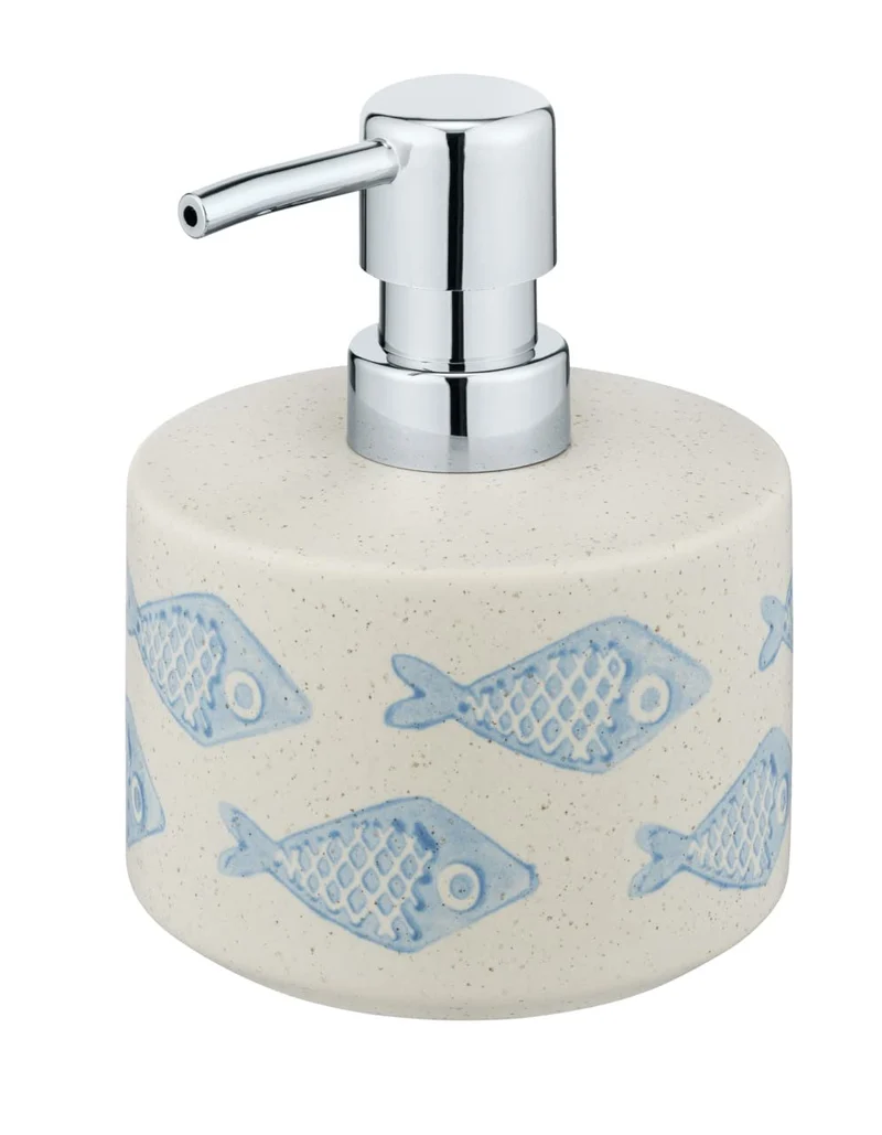 WENKO Seifenspender, nachfüllbar für Flüssigseife/Lotion, Keramik | matt weiß mit blauer, maritimer Szenerie, handbemalt, Ø 10 x 13,2 cm, 475 ml, Mod. Aquamarin