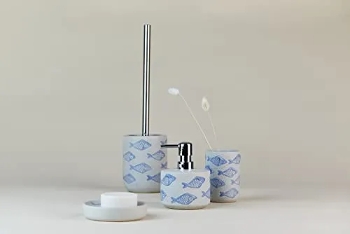 WENKO Seifenspender, nachfüllbar für Flüssigseife/Lotion, Keramik | matt weiß mit blauer, maritimer Szenerie, handbemalt, Ø 10 x 13,2 cm, 475 ml, Mod. Aquamarin