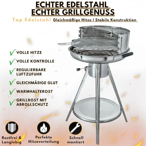 Aktiva Holzkohlegrill Rundgrill – Edelstahl Grill mit Belüftung – Outdoorgrill mit Edelstahl Grillrost – Garten Holzkohlegrill Ibiza