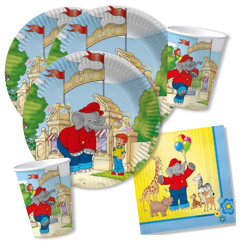 DH-Konzept 36-teiliges Party-Set - Elefant Benjamin Blümchen - Teller Becher Servietten für 8 Kinder