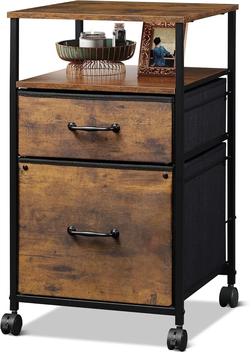 DEVAISE Rollcontainer mit 2 stoffbespannten Schubladen und offenem Fach Büro Organizer mit Feststellrädern für A4 Formate Vintage Braun