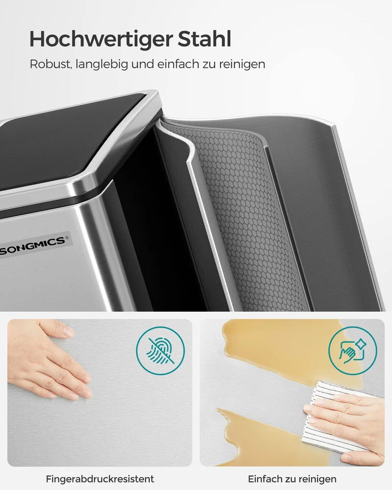 SONGMICS Mülleimer Küche, 2 x 15 Liter, Mülltrennsystem 2 Fächer, inklusive 15 Müllbeutel, Abfalleimer, Treteimer, recycelbare Abfälle, Biomüll, Softclose-Deckel, metallicsilber-tintenschwarz LTB30H