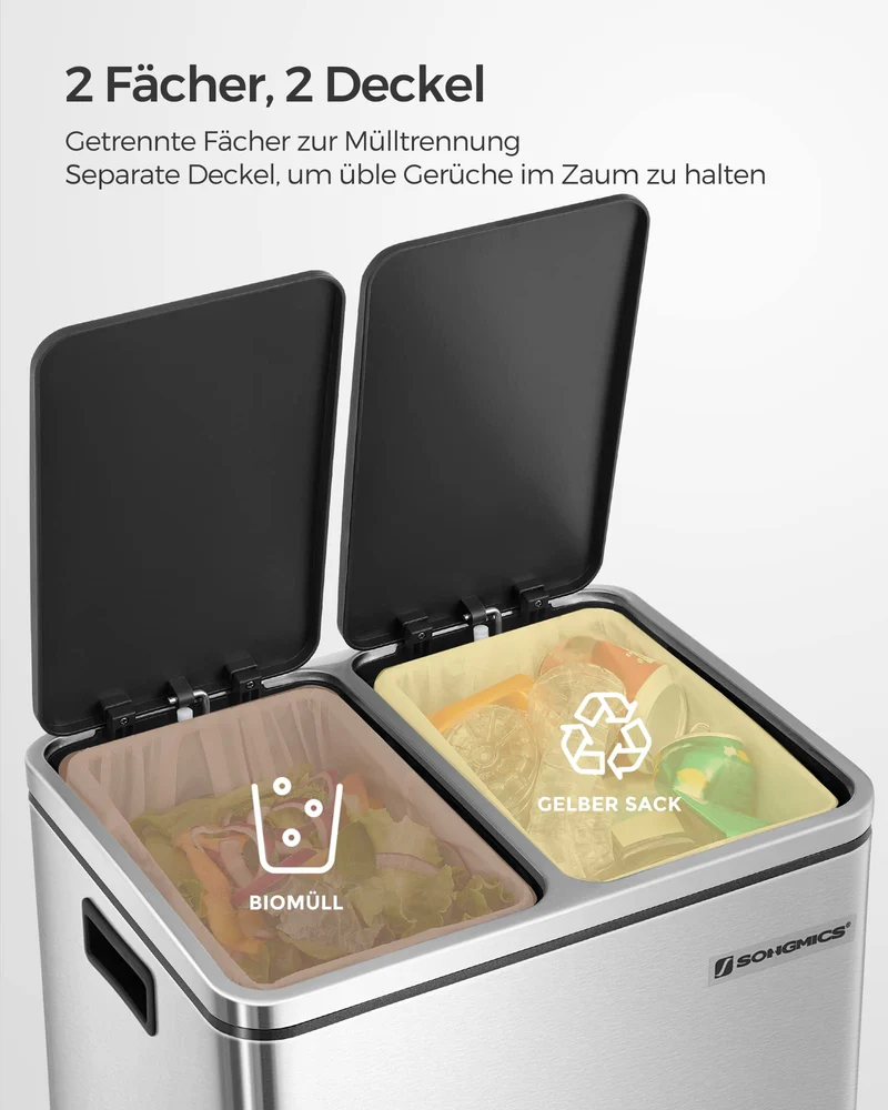 SONGMICS Mülleimer Küche, 2 x 15 Liter, Mülltrennsystem 2 Fächer, inklusive 15 Müllbeutel, Abfalleimer, Treteimer, recycelbare Abfälle, Biomüll, Softclose-Deckel, metallicsilber-tintenschwarz LTB30H