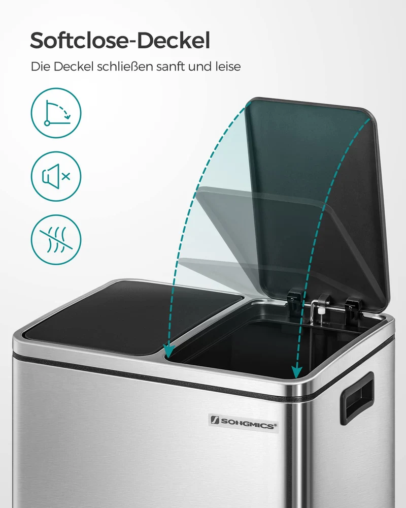 SONGMICS Mülleimer Küche, 2 x 15 Liter, Mülltrennsystem 2 Fächer, inklusive 15 Müllbeutel, Abfalleimer, Treteimer, recycelbare Abfälle, Biomüll, Softclose-Deckel, metallicsilber-tintenschwarz LTB30H