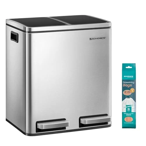 SONGMICS Mülleimer Küche, 2 x 15 Liter, Mülltrennsystem 2 Fächer, inklusive 15 Müllbeutel, Abfalleimer, Treteimer, recycelbare Abfälle, Biomüll, Softclose-Deckel, metallicsilber-tintenschwarz LTB30H