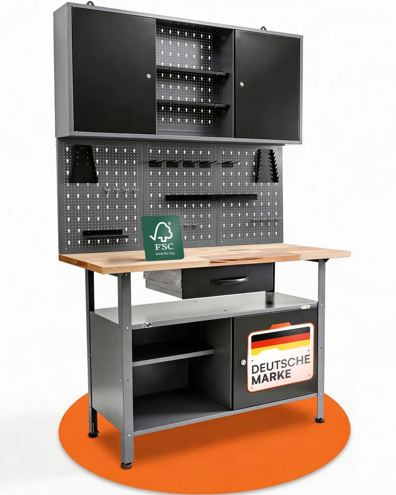 Ondis24 Werkstatteinrichtung Klaus, Metall, 1 Werkstattschrank, Lochwand, Hakensortiment (Arbeitshöhe 85 cm, Schwarz)