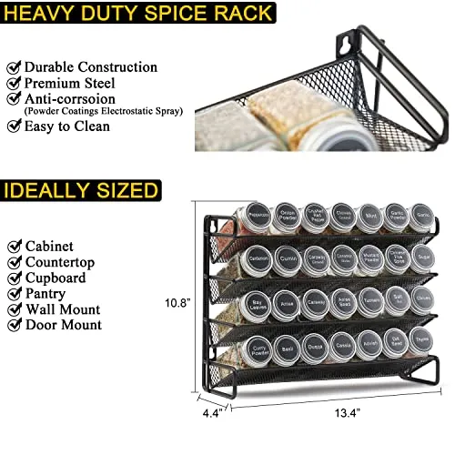 SpaceAid Gewürzregal mit 28 Gewürzgläsern, 386 Gewürzetiketten, Kreidemarker und Trichter-Set für Schrank, Arbeitsplatte, Speisekammer,Schwarz, 13.4" W