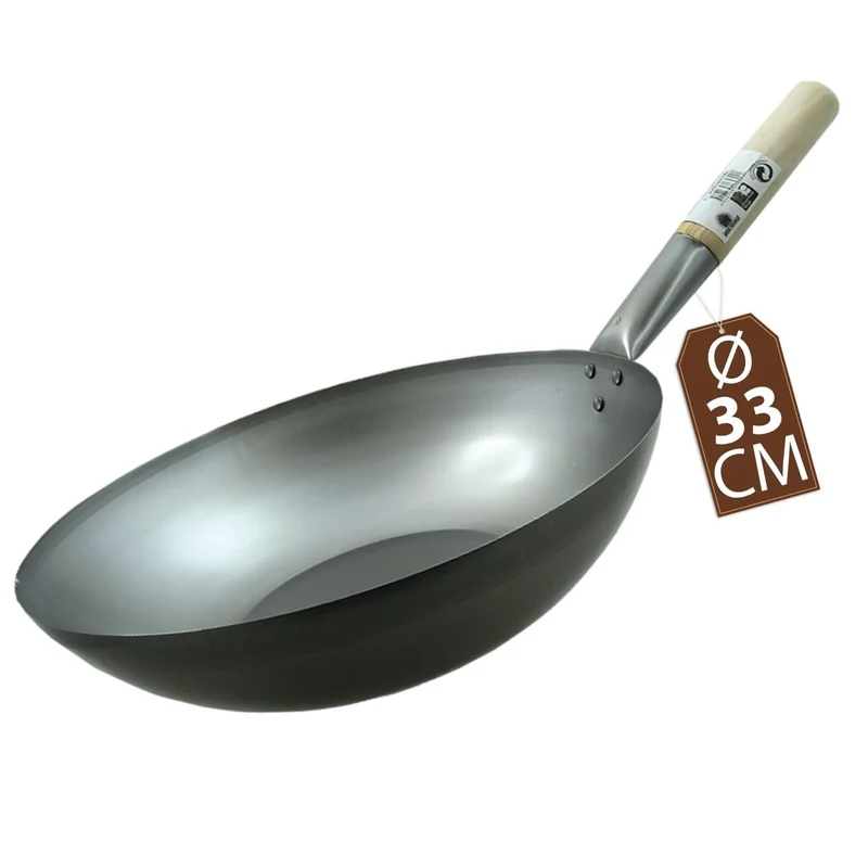 Wok, Asiatische Eisenpfanne, Küchen Wok Ø 33 cm flacher Boden, Holzgriff, Grau