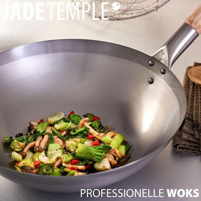 Wok, Asiatische Eisenpfanne, Küchen Wok Ø 33 cm flacher Boden, Holzgriff, Grau