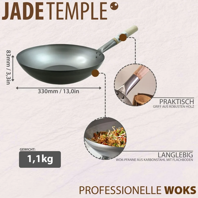 Wok, Asiatische Eisenpfanne, Küchen Wok Ø 33 cm flacher Boden, Holzgriff, Grau