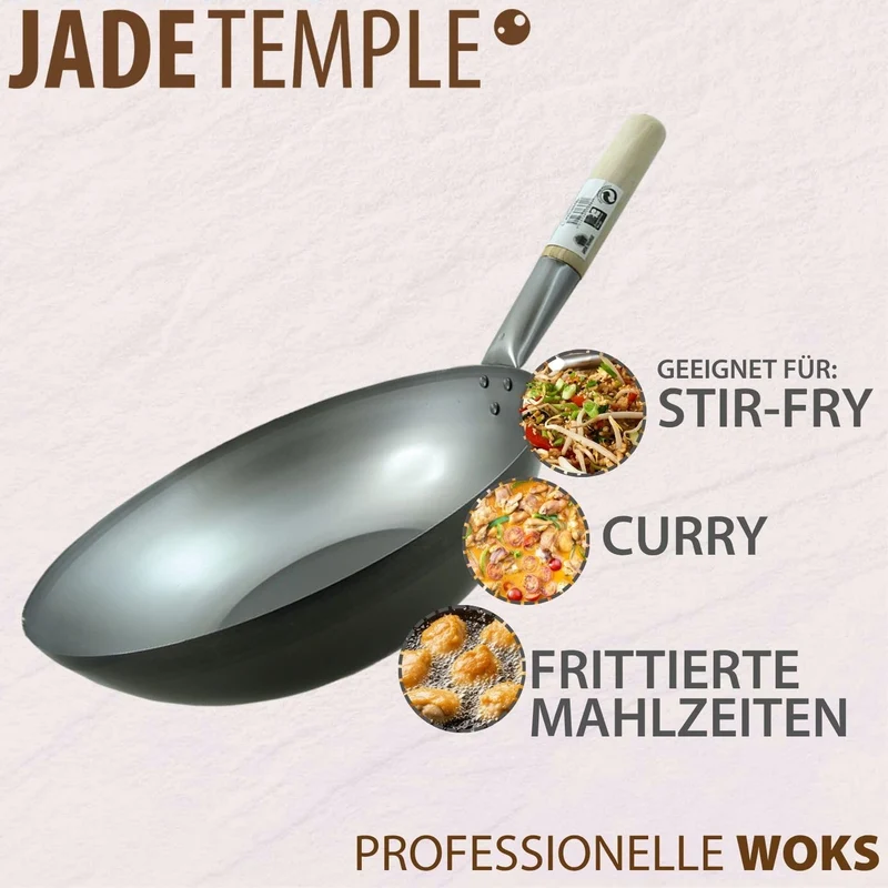 Wok, Asiatische Eisenpfanne, Küchen Wok Ø 33 cm flacher Boden, Holzgriff, Grau