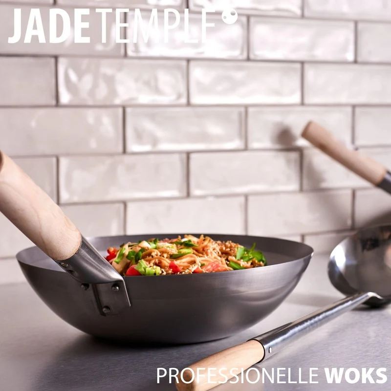 Wok, Asiatische Eisenpfanne, Küchen Wok Ø 33 cm flacher Boden, Holzgriff, Grau
